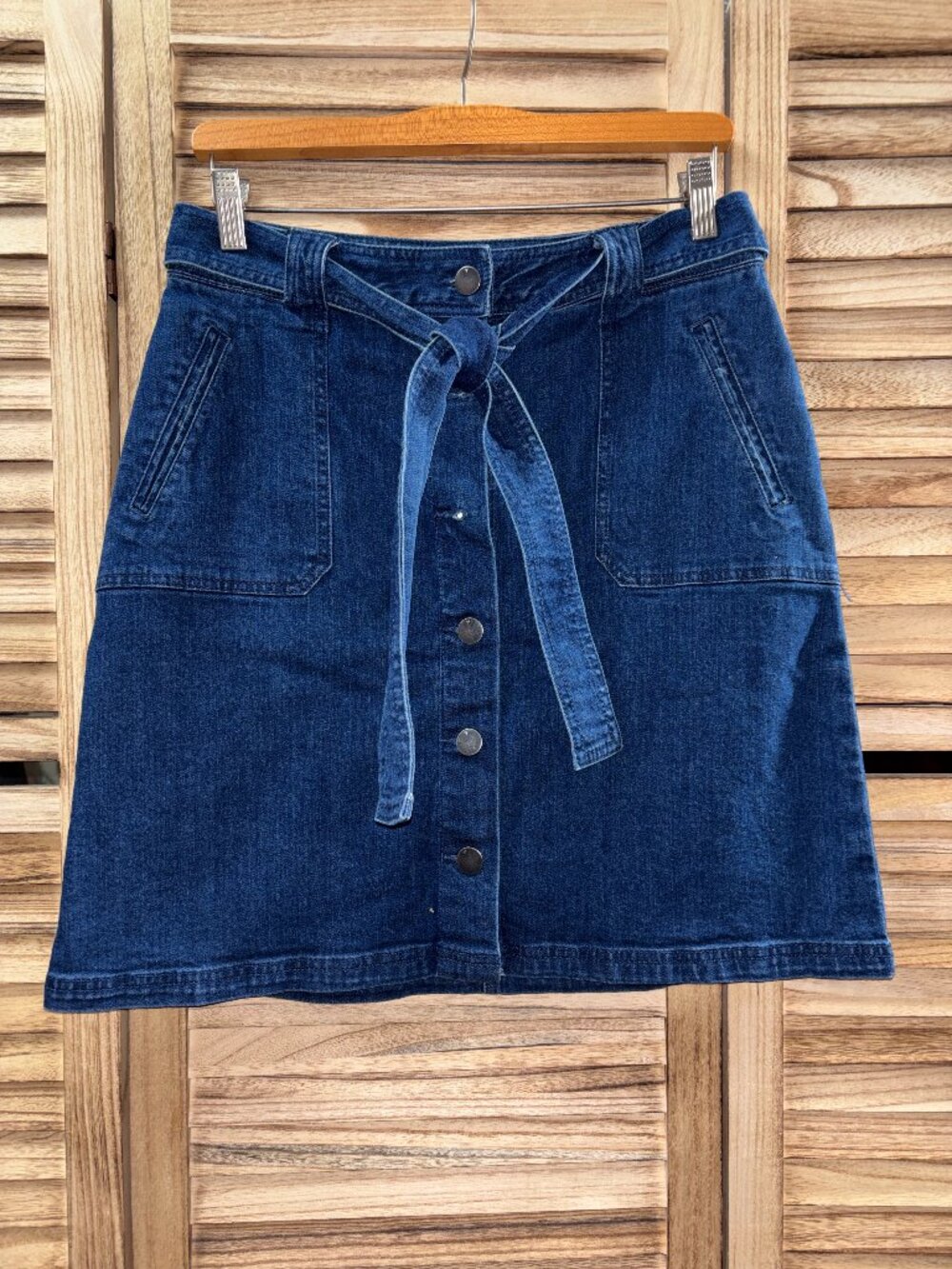 Denim Button-Front Mini Skirt with Tie Belt - Indigo Blue